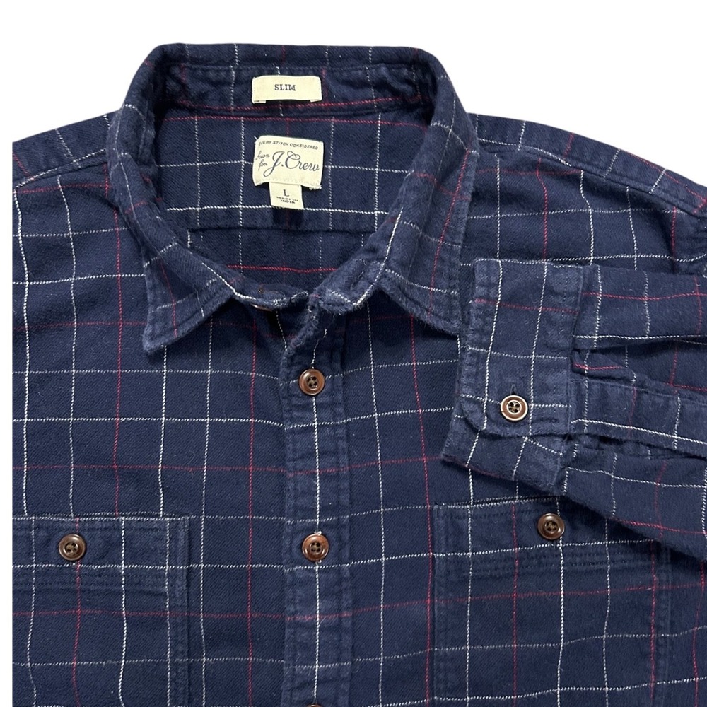 J.Crew Mens Slim Fit Flannel Shirt Navy Blue Windowpane Plaid AG507 Large